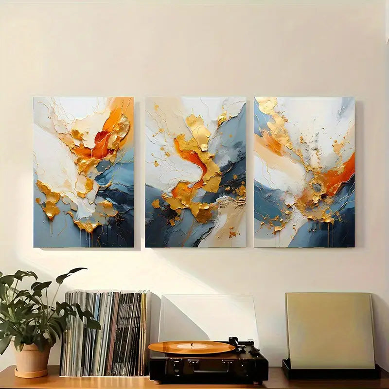 3pcs Golden And Orange Swirls, Elegant Fluid Desig Metal Print Ready to Hang Art - Bella Home Decor