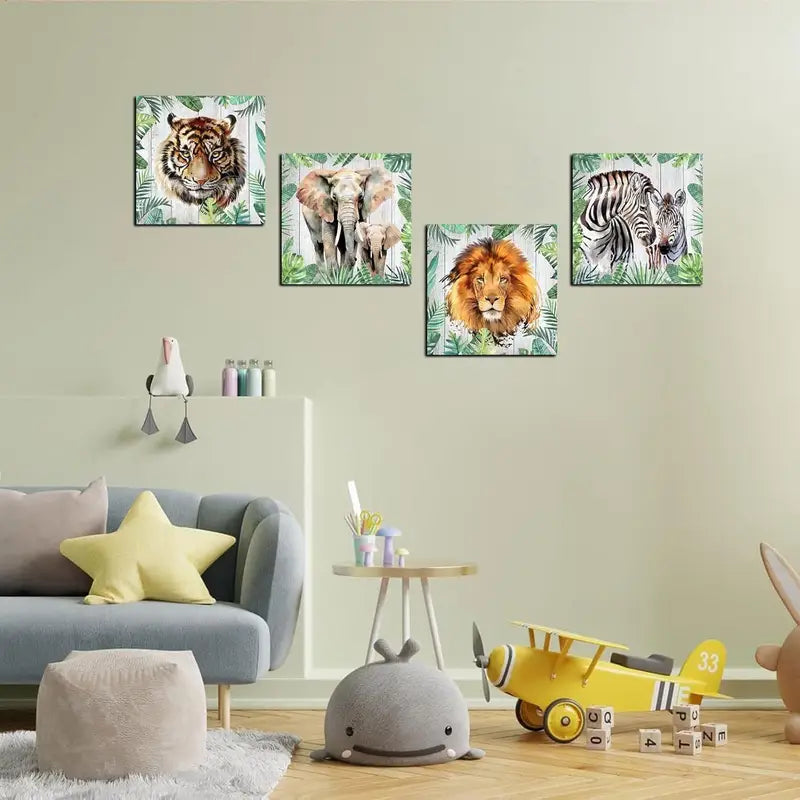 4pcs Byllyaz Wild Animals Wall Art Canvas Framed