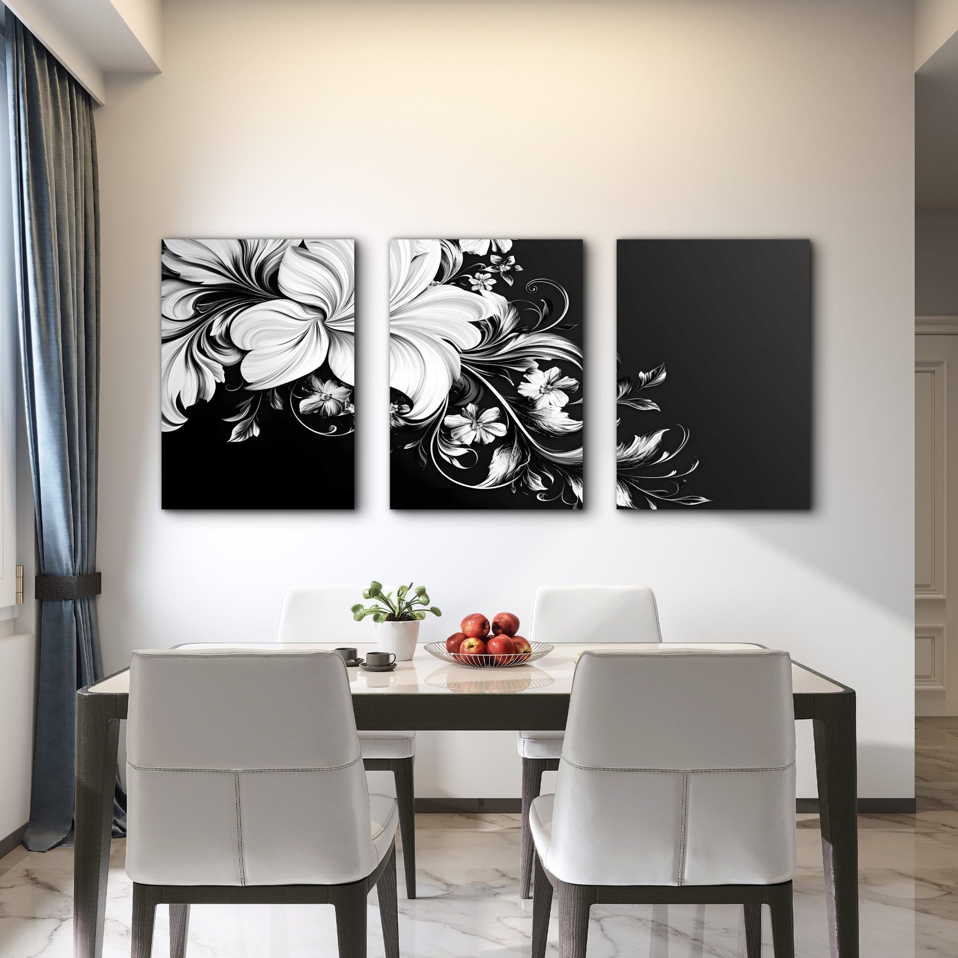 3pcs Three Panel White Blossoms On Black Wall Art Set Canvas Framed 60x90cm - High Quality Print 100% Australian Made Wall Canvas Ready to Hang - Bella Home Decor