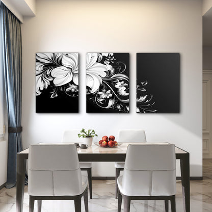 3pcs Three Panel White Blossoms On Black Wall Art Set Canvas Framed 60x90cm - High Quality Print 100% Australian Made Wall Canvas Ready to Hang - Bella Home Decor