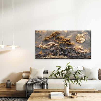 Golden Tree Under Full Moon Wall Art Canvas Office Home Room Framed 120x60cm - Bella Home Decor