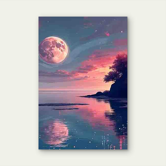 Pink and Purple Sky with Large Full Moon 60x90cm Metal Print Ready to Hang