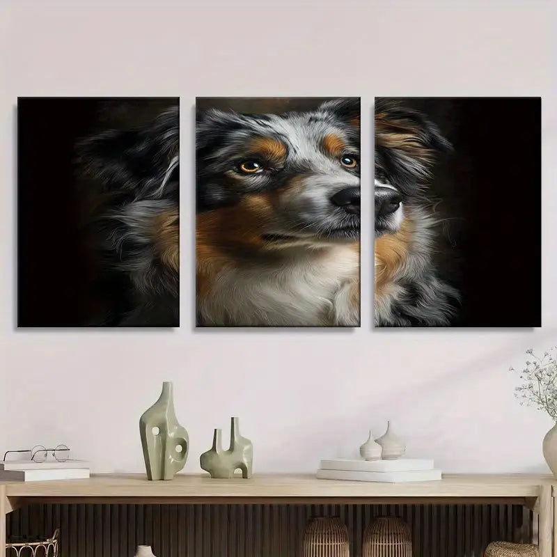 3pcs Airbrushed Australian Shepherd Dog Portrait Metal Print Ready to Hang Art - Bella Home Decor