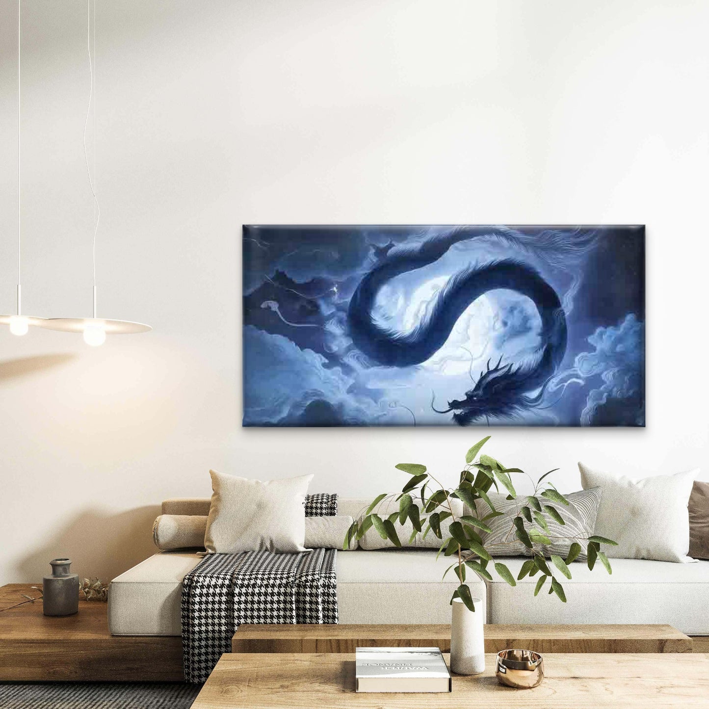 Mystical Blue Dragon Flying Wall Art Canvas Office Home Room Framed 120x60cm - Bella Home Decor