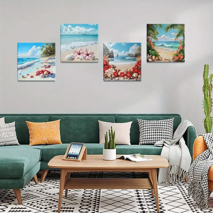 4pcs Ocean Waves With colorful Flowers Wall Art Canvas Framed