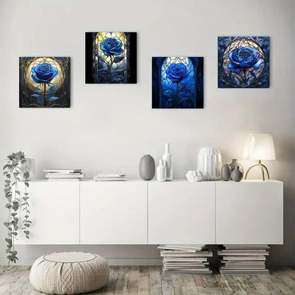 4pcs Rustic Blue Rose Wall Art Canvas Framed