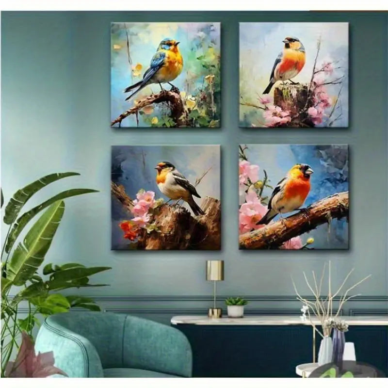 4pcs  Vibrant Nature  Bird Decor  Wall Art Canvas Framed