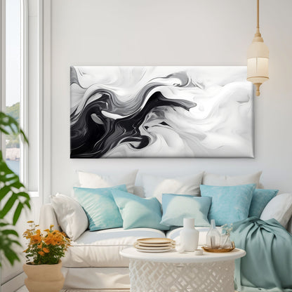 Black And White Liquid Swirls Wall Art Canvas Office Home Room Framed 120x60cm