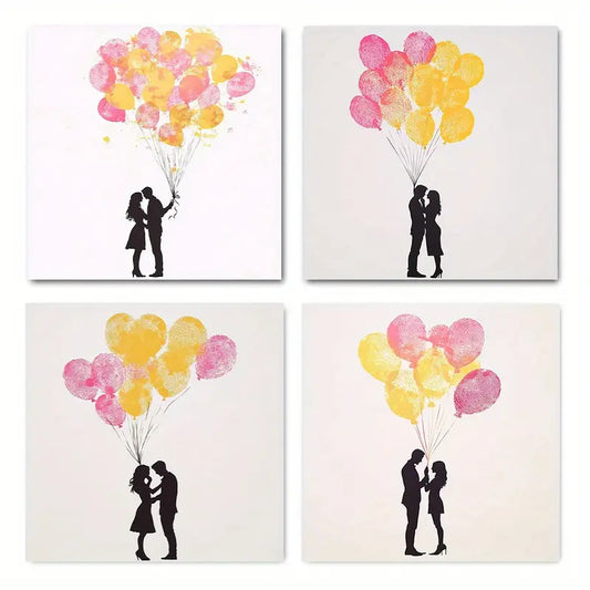 4pcs Romantic Balloon Silhouette Wall Art Canvas Framed