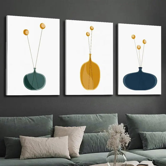 3pcs Dark Teal Mustard Yellow, Vintage Flower Pot Metal Print Ready to Hang Art