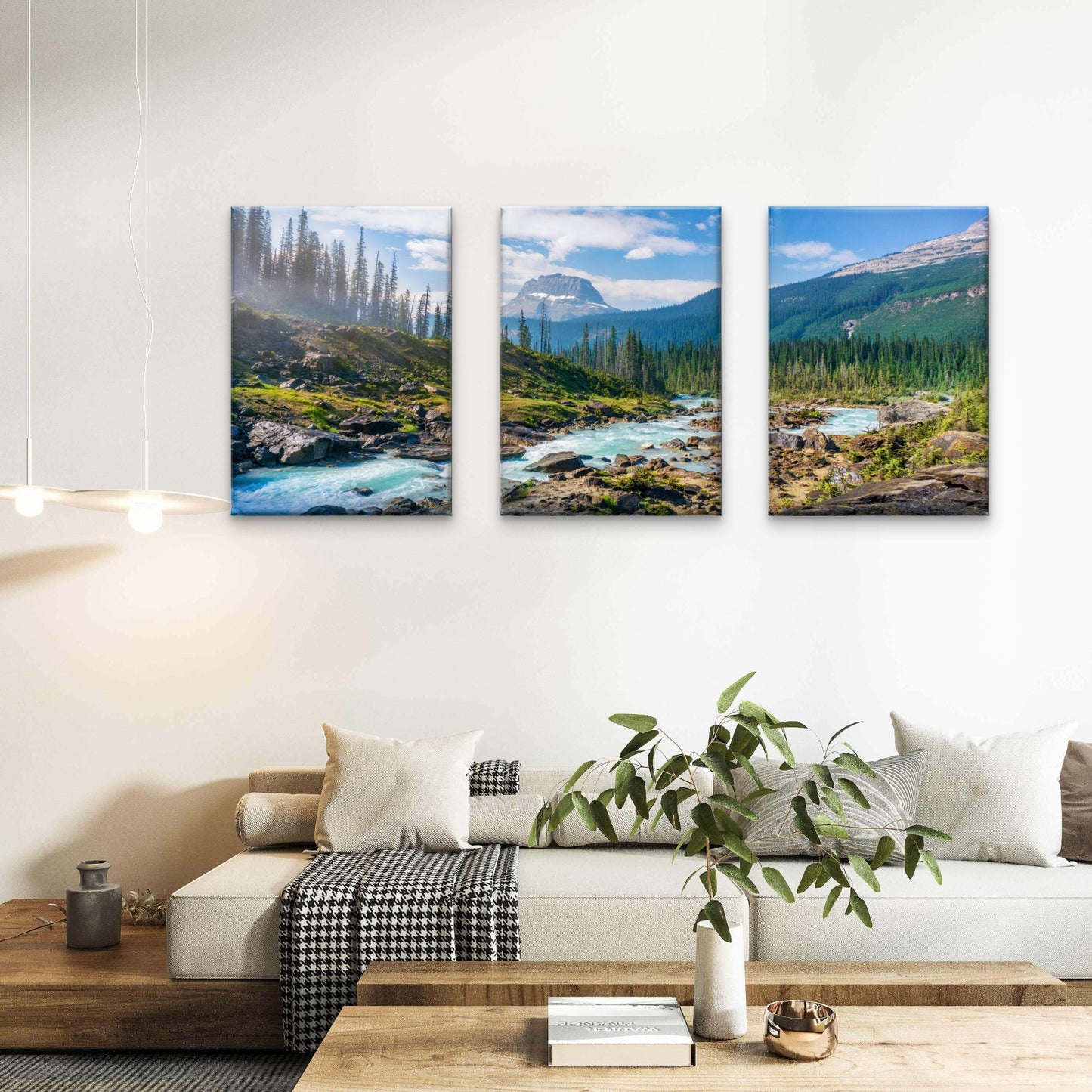 3pcs Mountain River Flowing Through Pine Forests Wall Art Set Canvas Framed 60x90cm - High Quality Print 100% Australian Made Wall Canvas Ready to Hang