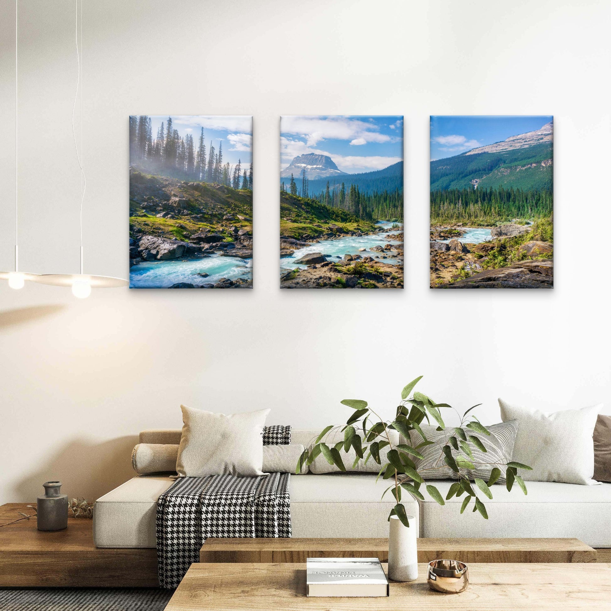 3pcs Mountain River Flowing Through Pine Forests Wall Art Set Canvas Framed 60x90cm - High Quality Print 100% Australian Made Wall Canvas Ready to Hang