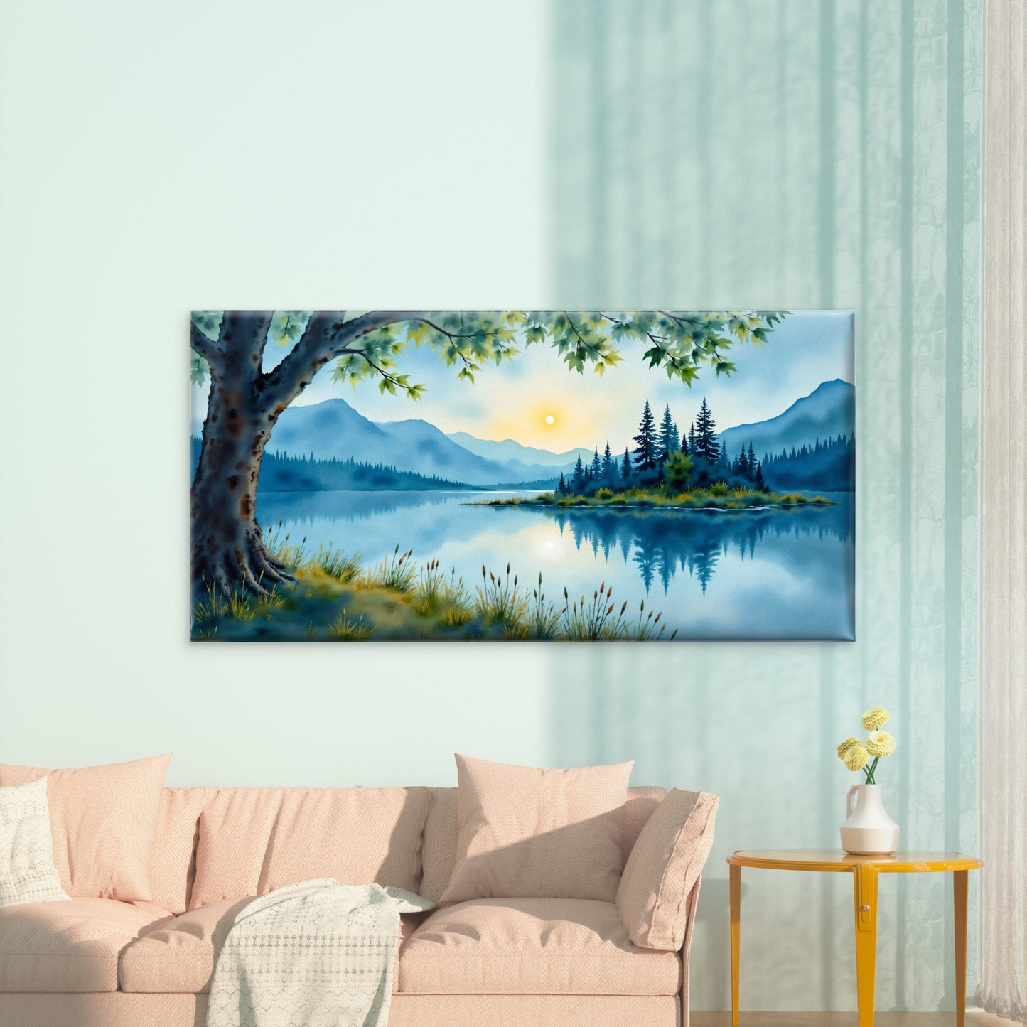 Serene Mountain Lake Sunrise Wall Art Canvas Office Home Room Framed 120x60cm