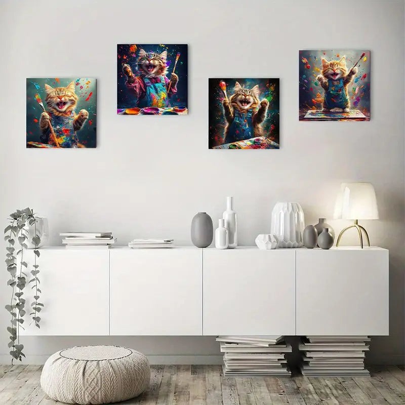 4pcs Splattered Cats In Aprons, Vibrant Colors Wall Art Canvas Framed