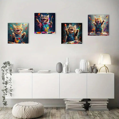 4pcs Splattered Cats In Aprons, Vibrant Colors Wall Art Canvas Framed