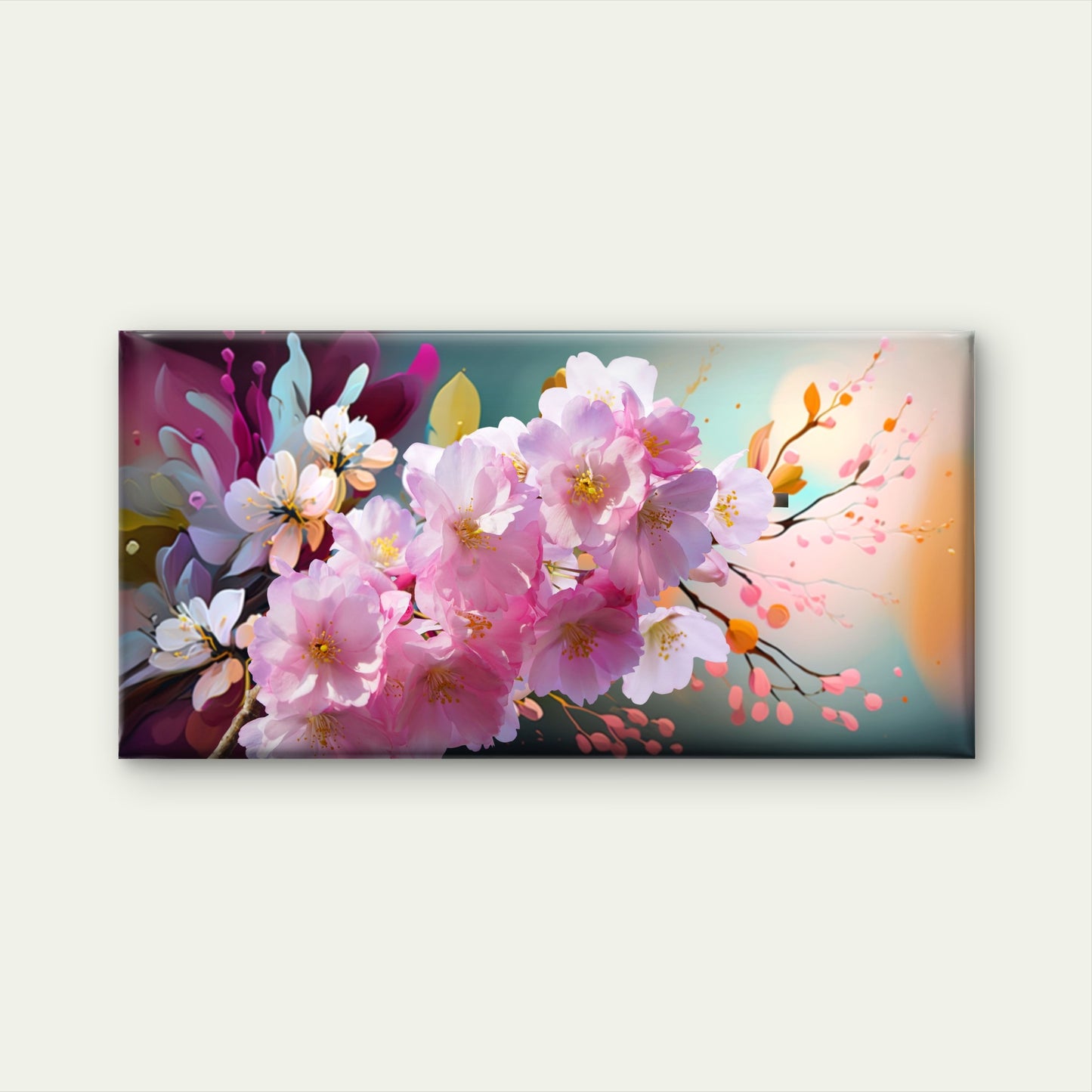 Pink Cherry Blossom Painting Wall Art Canvas Office Home Room Framed 120x60cm