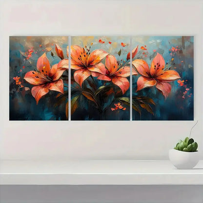 3pcs Vibrant Orange Floral Metal Print Ready to Hang Art
