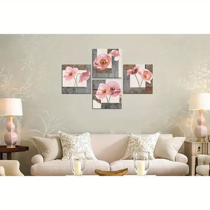 4pcs Pink Flower Wall Art Floral Pictures Wall Art Canvas Framed