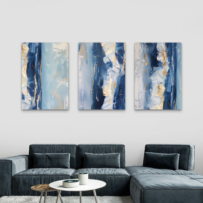 3pcs Navy Gold Abstract Modern Fluid Coast Ocean  Wall Art Set Canvas Framed 40x60cm - High Quality Print 100% Australian Made Wall Canvas Ready to Hang