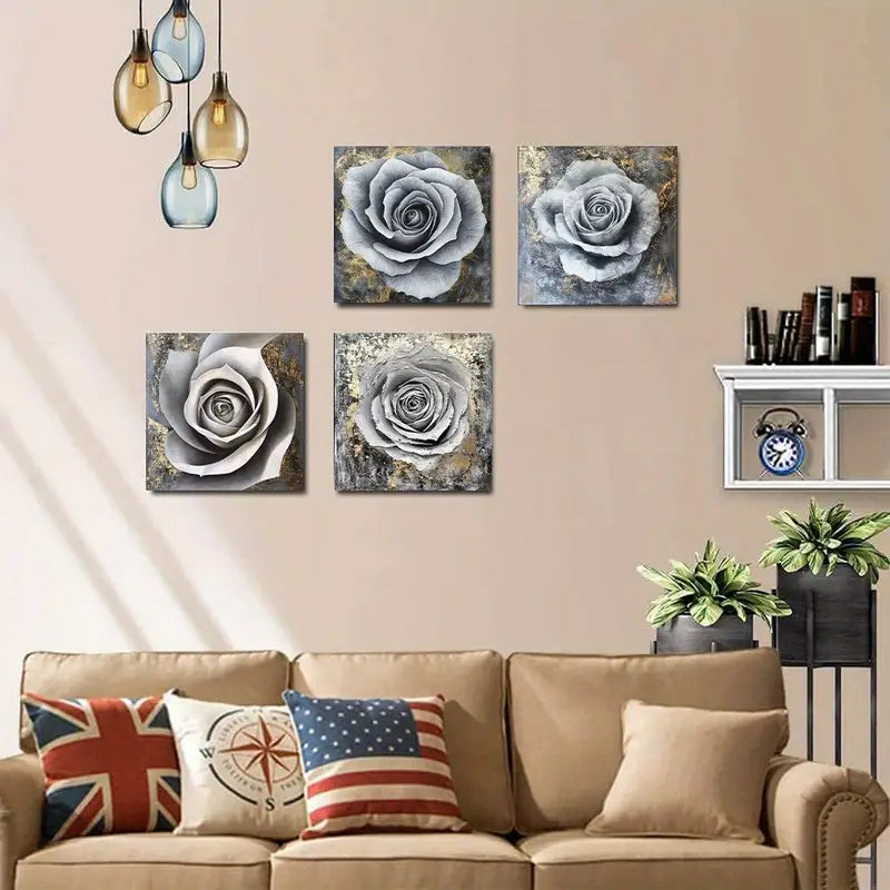4pcs  Romantic Rose & Golden Accent  RG Wall Art Canvas Framed