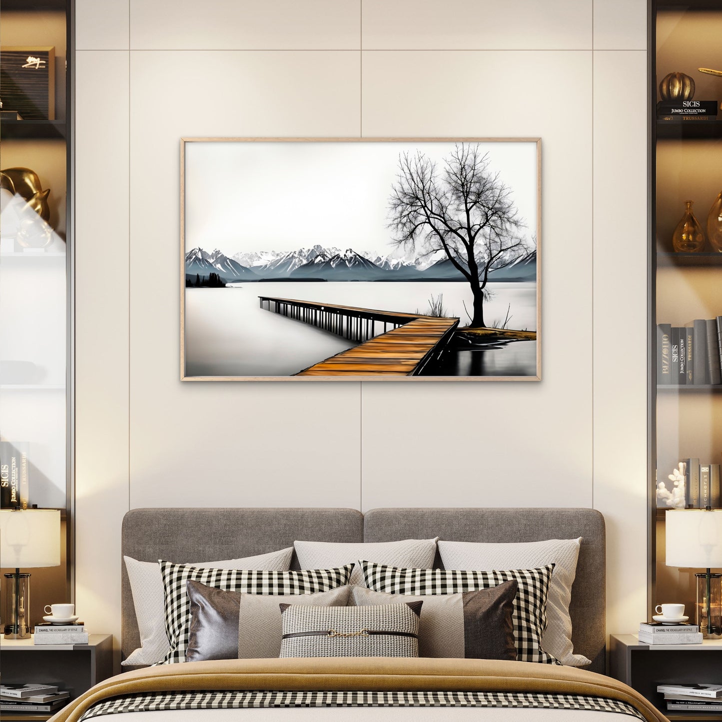 Black And White Wooden Pier Tree Lake Wall Art Decor 100% Australian Made - Bella Home Decor