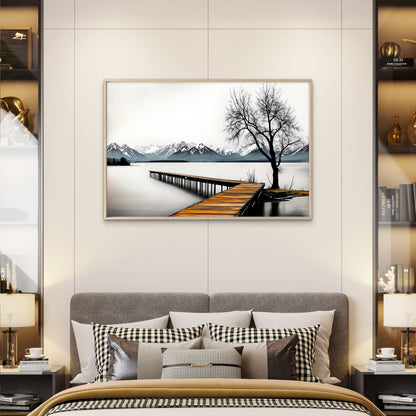 Black And White Wooden Pier Tree Lake Wall Art Decor 100% Australian Made - Bella Home Decor