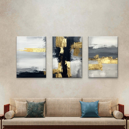3pcs Modern Black Gray Gold Abstract Block    Wall Art Set Canvas Framed 40x60cm - High Quality Print 100% Australian Made Wall Canvas Ready to Hang