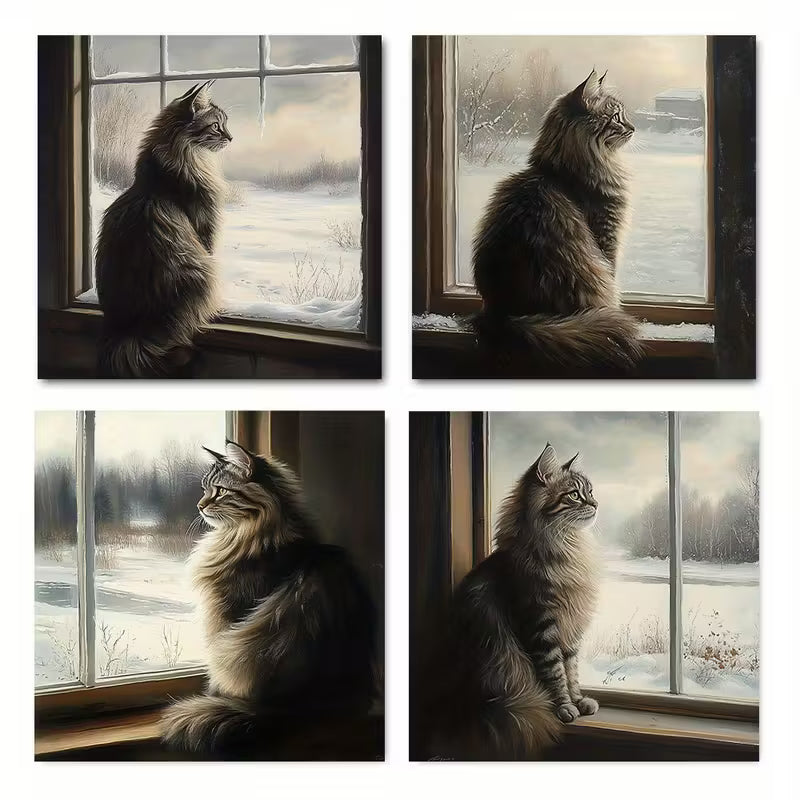 4pcs Cute Maine Coon Cat Wall Art Canvas Framed