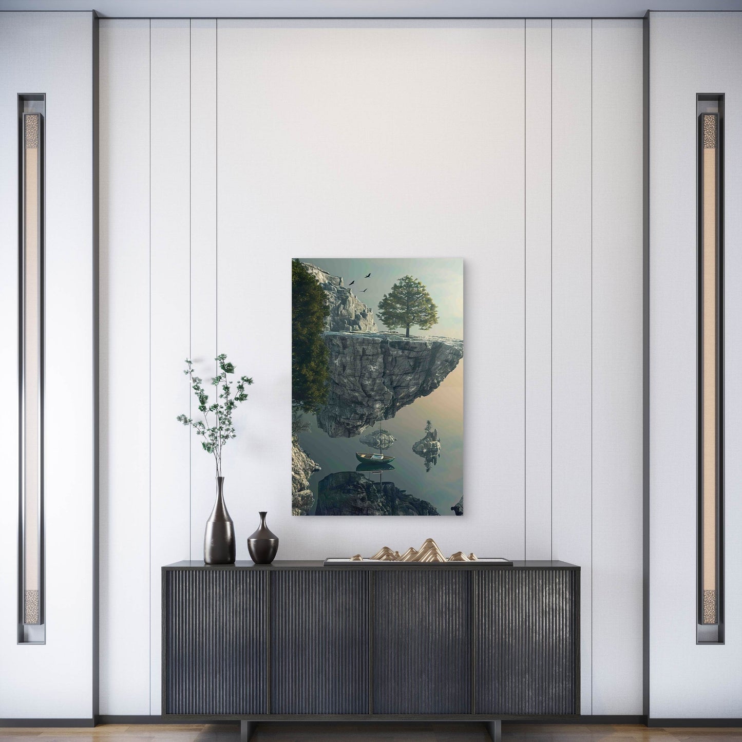 Peaceful Rock Path With A Fishing Boat Metal Print Ready to Hang