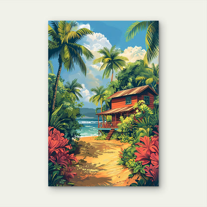 Illustration of a Tropical Beach House Scene 40x60cm Metal Print Ready to Hang
