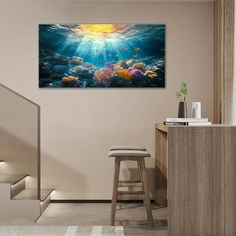 Large Ocean Vibrant Coral Reef Fish & Sunlight Seascape Wall Art canvas office home room framed 120x60cm - Bella Home Decor