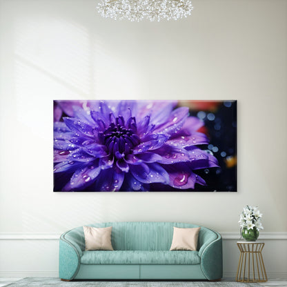 Purple Dahlia With Raindrops Wall Art Canvas Office Home Room Framed 120x60cm