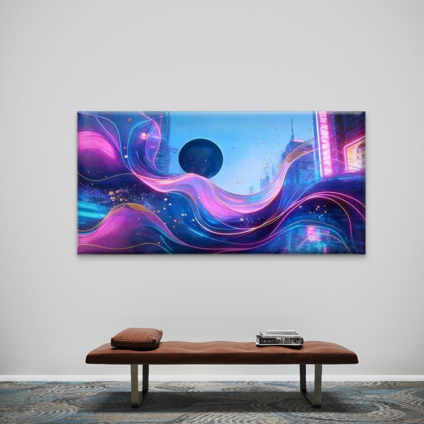 Neon Wave Futuristic City Wall Art Canvas Office Home Room Framed 120x60cm