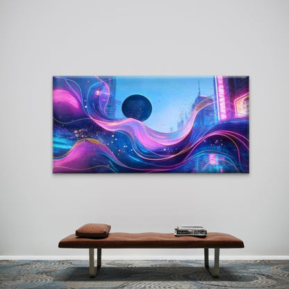 Neon Wave Futuristic City Wall Art Canvas Office Home Room Framed 120x60cm