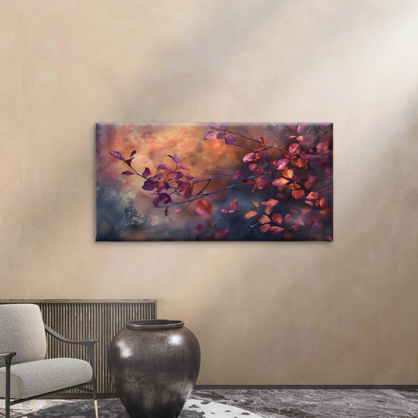 Autumn Red Leaves Branches Botanical Nature Wall Art Canvas Office Home Room Framed 120x60cm