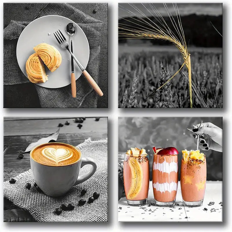 4pcs Modern Black And White Coffee Wall Art Canvas Framed