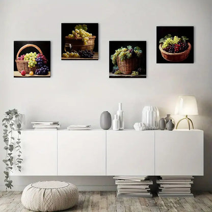 4pcs Red Wine Goblet And Wine Barrel Prints Wall Art Canvas Framed