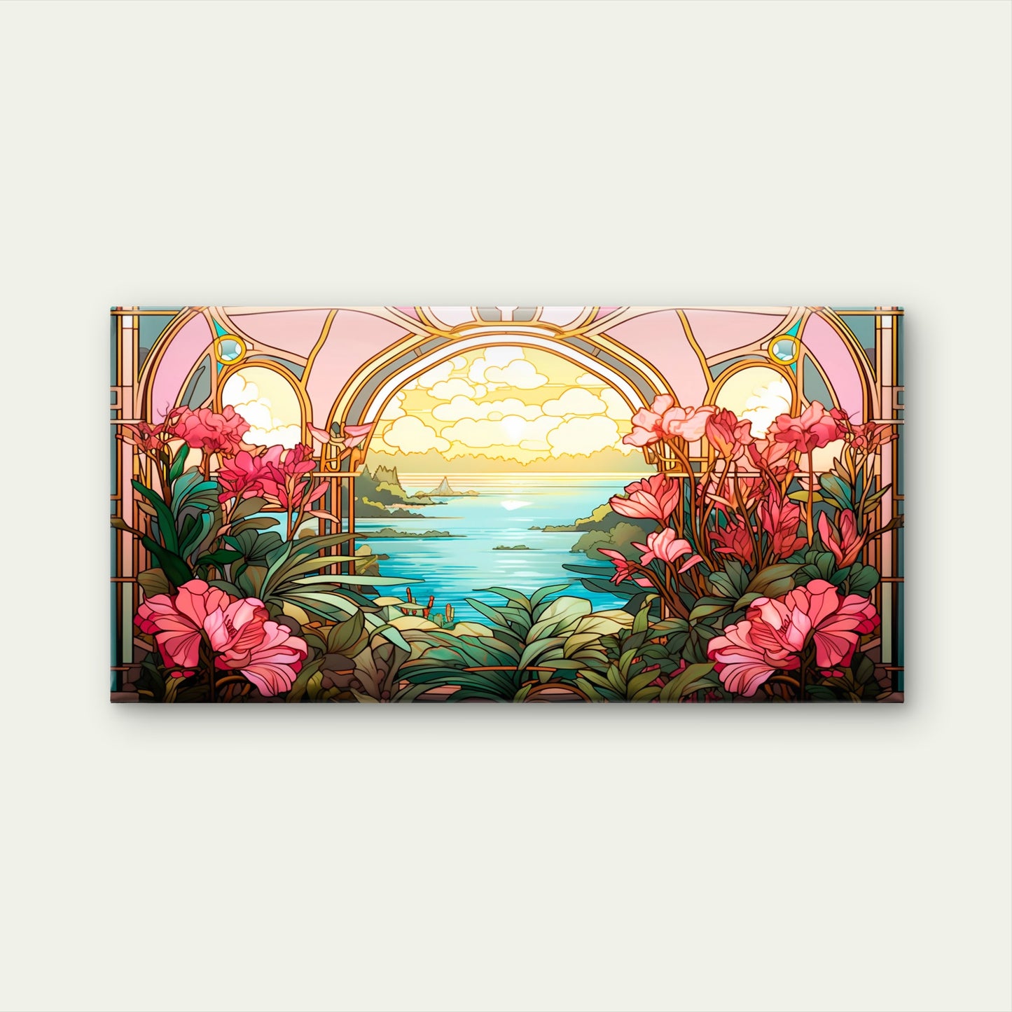 Stained Ocean Sunset Pink Wall Art Canvas Office Home Room Framed 120x60cm