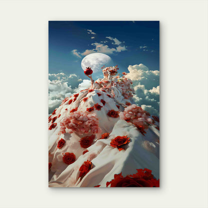 Fantasy Spring Happy Woman in Blooming Long Dress Metal Print Ready to Hang