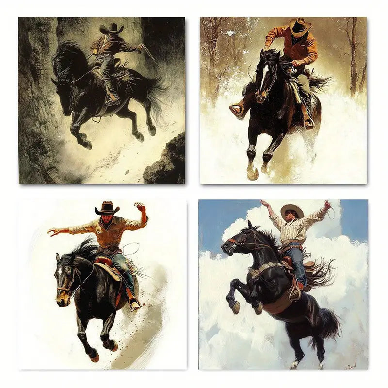 4pcs Man On Bucking Bronco Art Wall Art Canvas Framed