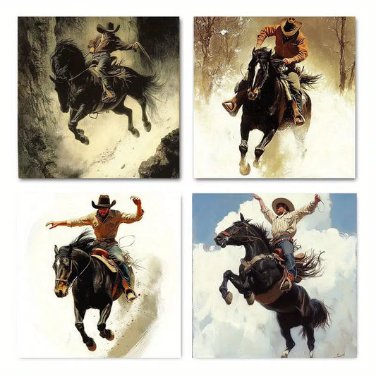 4pcs Man On Bucking Bronco Art Wall Art Canvas Framed