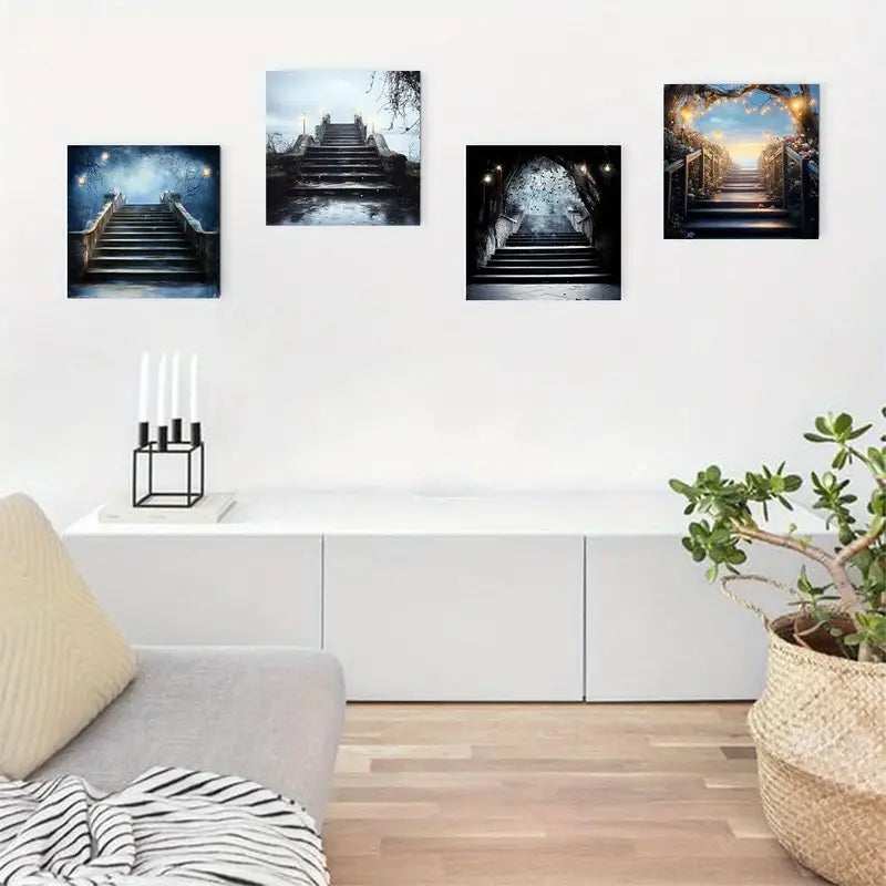 4pcs Blue Fairytale Mystical Fairy Staircase Scenes Wall Art Canvas Framed