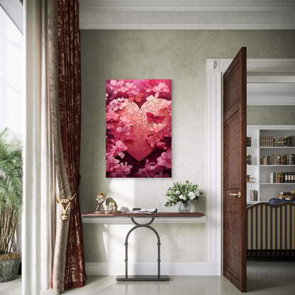 Pink & Burgundy Interlocking Heart with Cherry Blossom Metal Print Ready to Hang - Bella Home Decor