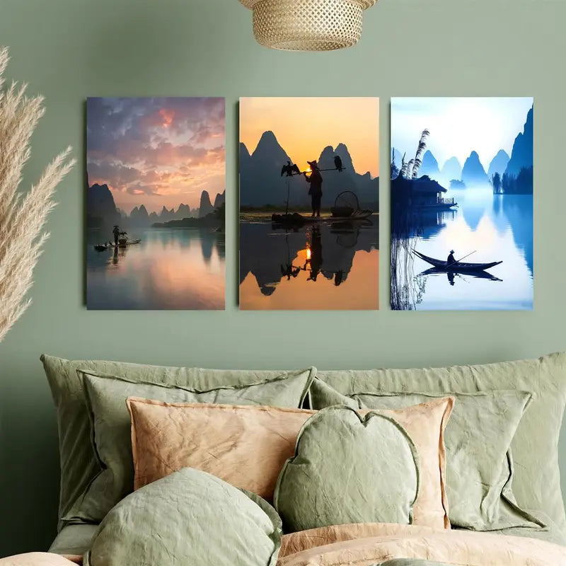 3pcs Cormorant Fishing, Karst Mountains & Serene Metal Print Ready to Hang Art - Bella Home Decor