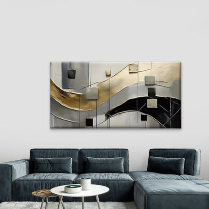 Black White Golden Line & Block Wall Art Canvas Office Home Room Framed 120x60cm - Bella Home Decor