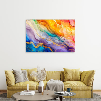 Abstract Rainbow Marble Wave Gold Vein Acrylic Glass Printing Wall Art Australian Made Quality
