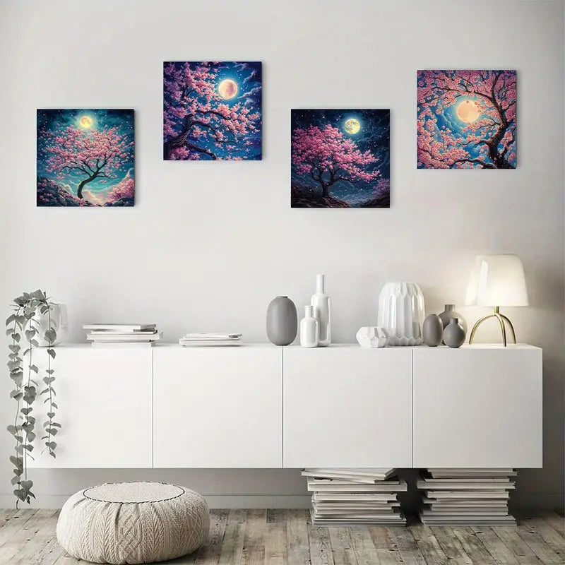 4pcs Moonlight Cherry Blossom MCB   Wall Art Canvas Framed