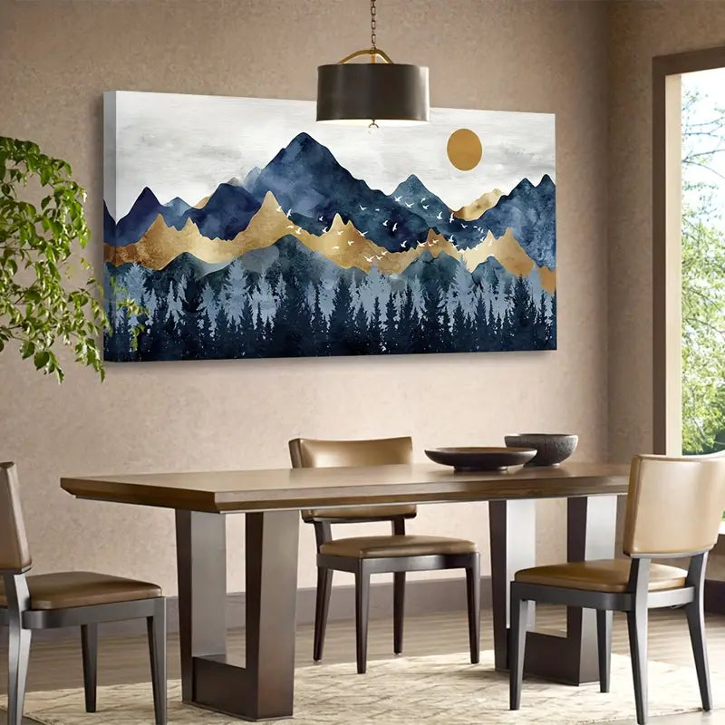 Abstract Nordic Indigo Blue Golden Mountain Forest Wall Art canvas office home room framed 120x60cm - Bella Home Decor
