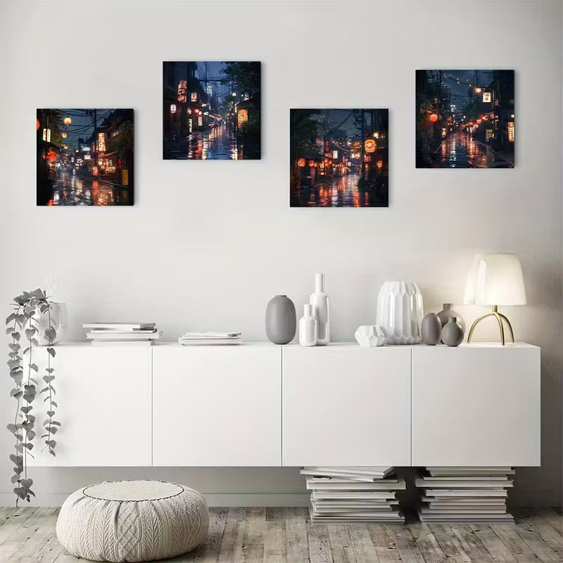 4pcs Dark Street Scene With Neon Lights Wall Art Canvas Framed