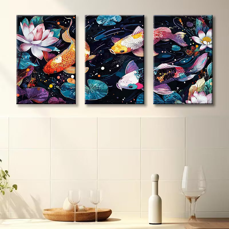 3pcs Colorful koi in the Water Illustration Wall Art Set Canvas Framed 40x60cm - High Quality Print 100% Australian Made Wall Canvas Ready to Hang - Bella Home Decor